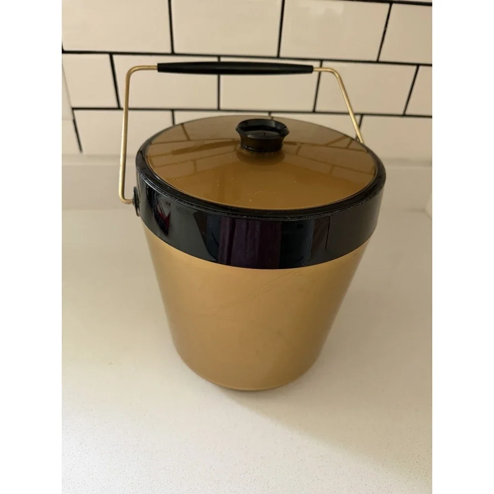 MCM West Bend Thermo Serv Insulated Ice Bucket Gold and Black With Carry Handle